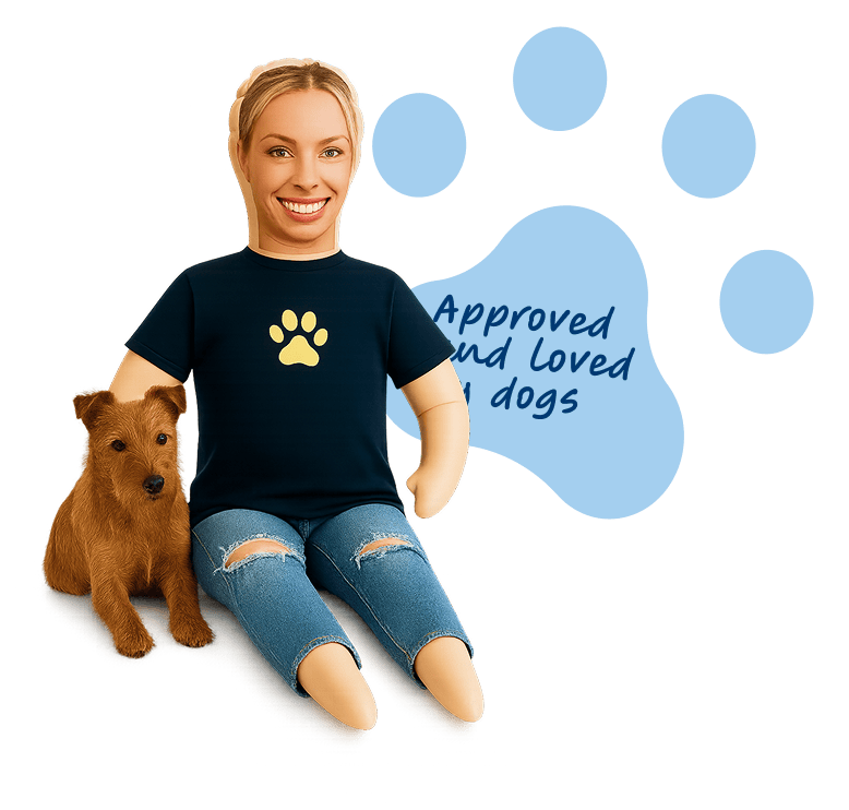Gerty wearing black t-shirt next to a small dog