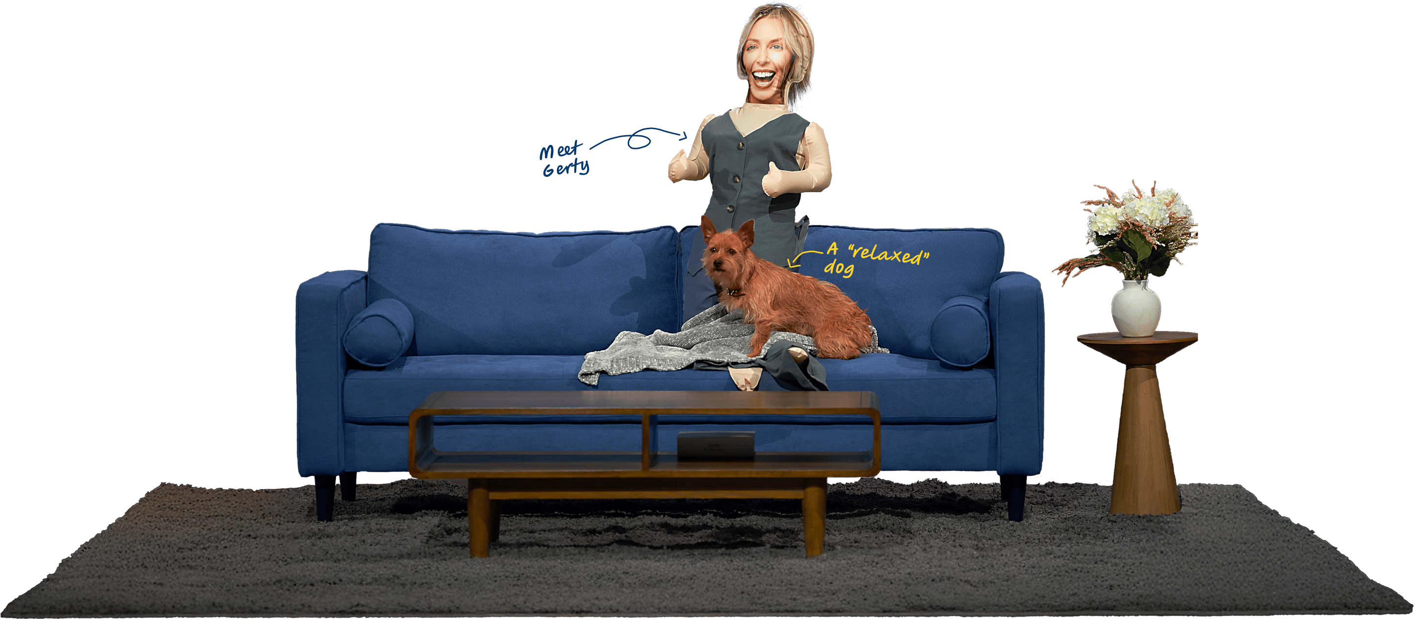 Founder Todd Schram sitting next to his creation, Gerty, and his dog
