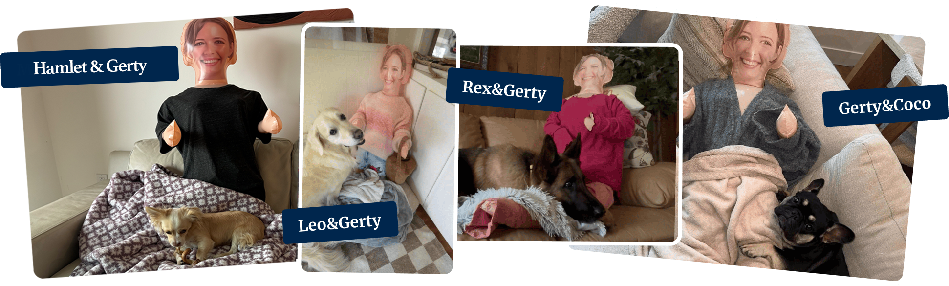 Gerty emotional support doll sitting next to a dog on the couch