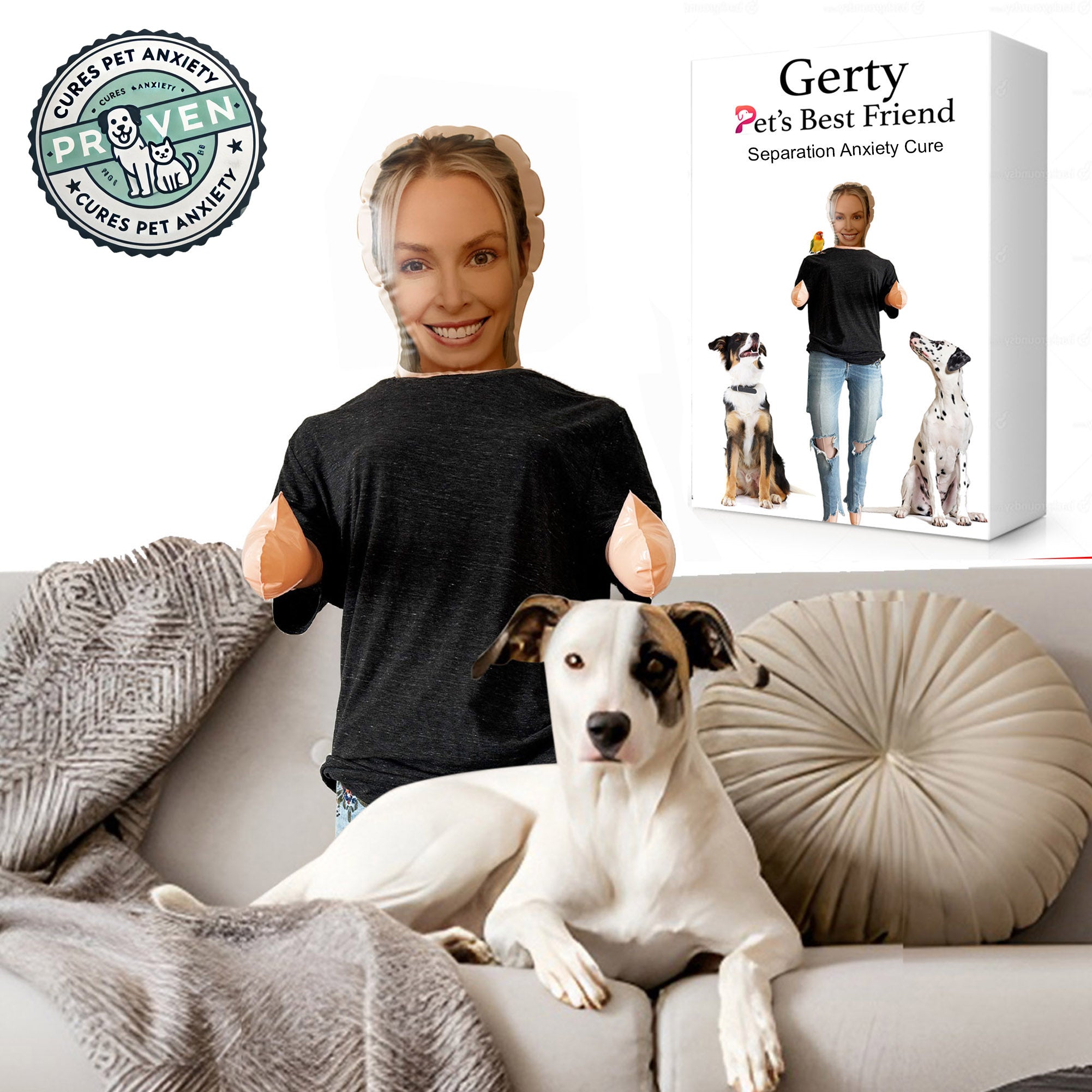 A dog sleeping comfortably next to the Gerty emotional support doll